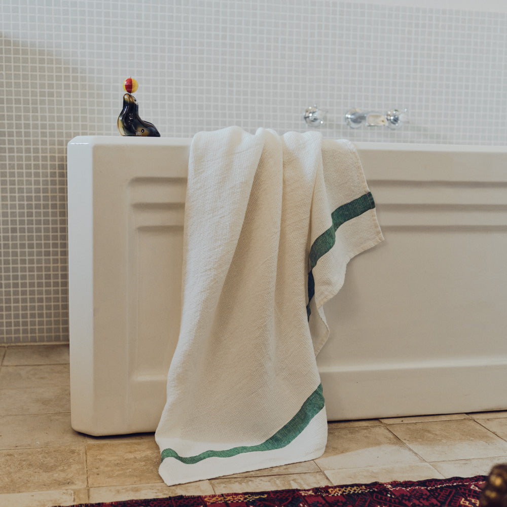 Serviette de bain en lin - Nid d'abeille - Bande Vert Potager
