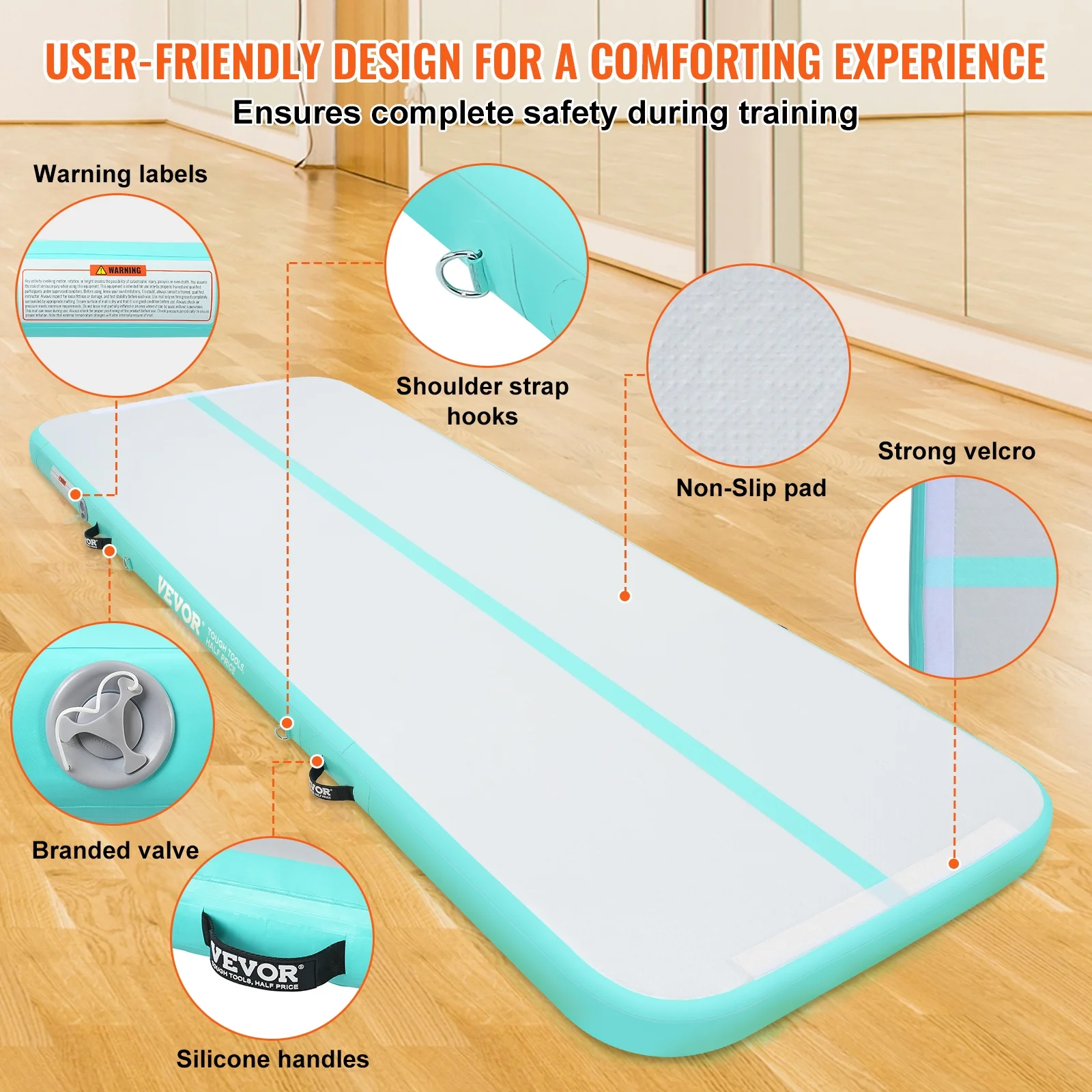 VEVOR Gymnastics Air Mat, 4 inch Thickness Inflatable Gymnastics Tumbling Mat, Tumble Track with Electric Pump, Training Mats for Home Use/Gym/Yoga/Cheerleading/Beach/Park/Water, 10 ft, Mint Green - Image 4