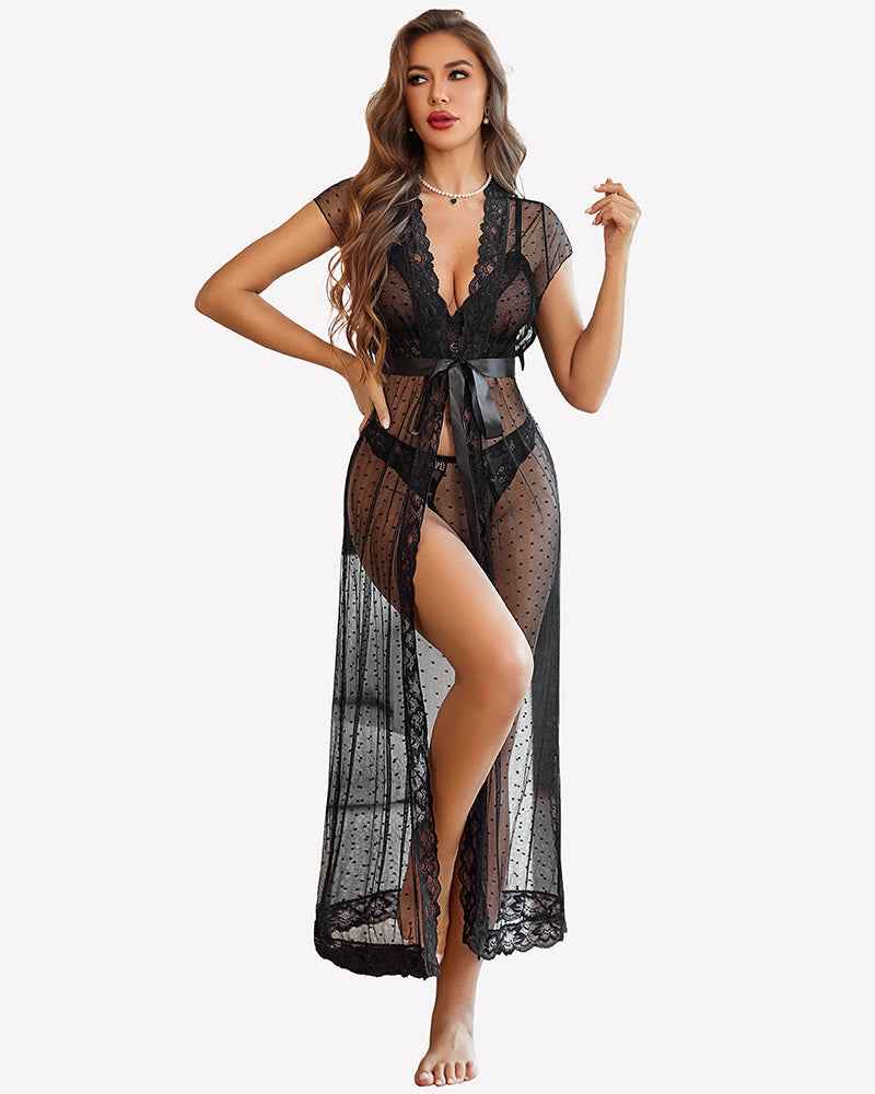 3 Piece Set Sheer Polka Dot Lace Robe with Bra and Panty