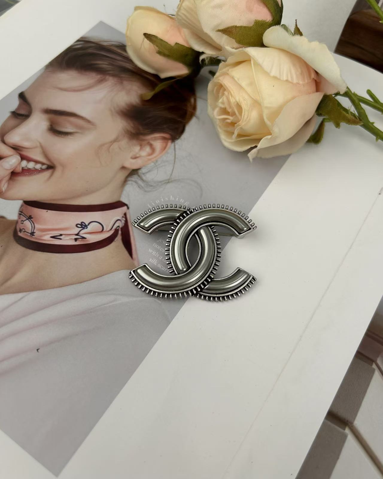 Chanel Vintage Gray CC Brooch - Original Replica Club