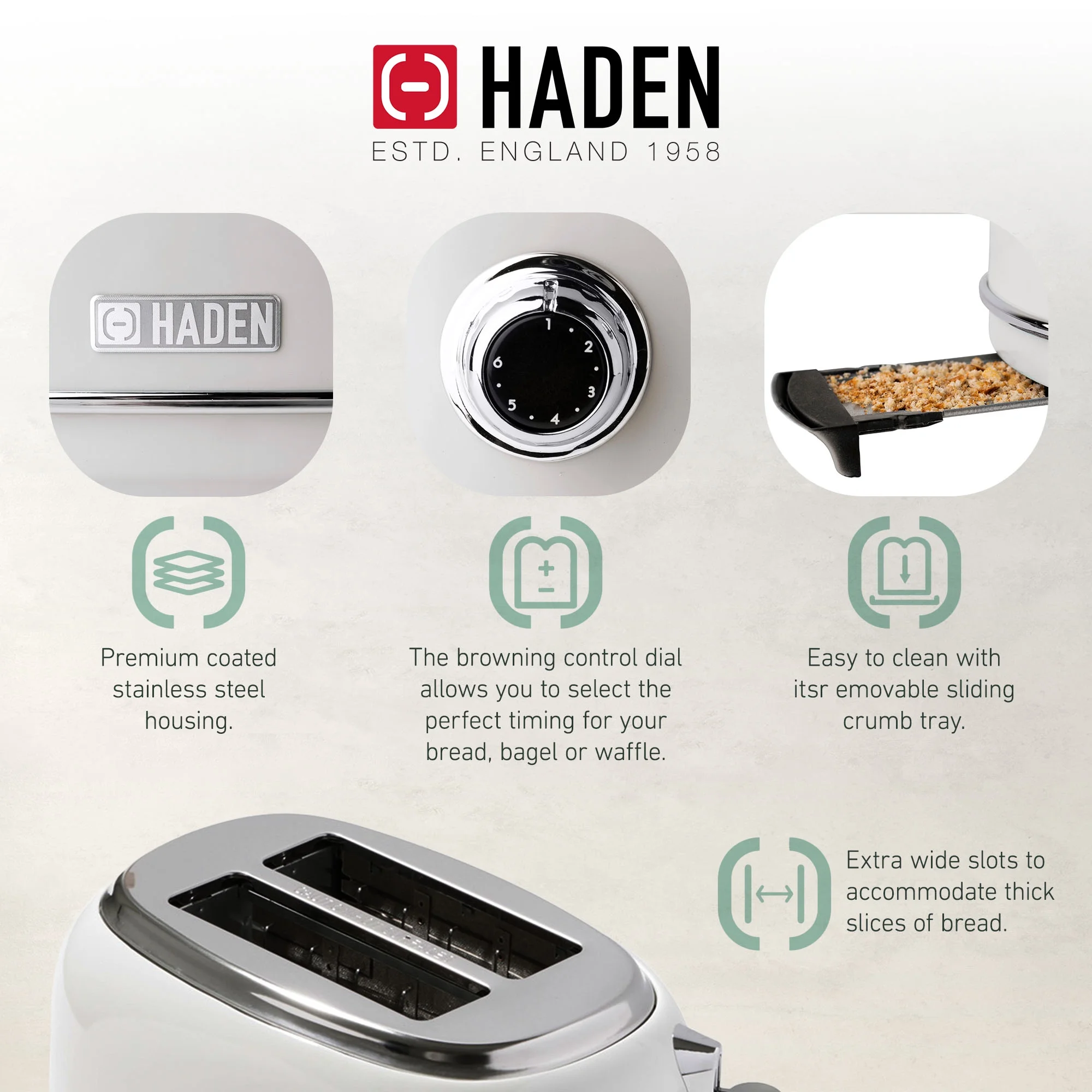 Haden Heritage 1.7 Liter Electric Kettle with 2 Slice Bread Toaster, White - Image 6