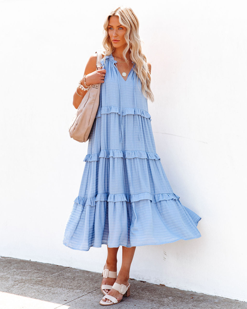 Ballard Cotton Blend Pocketed Tiered Midi Dress - Chambray Blue - FINAL SALE - Se7enfashion