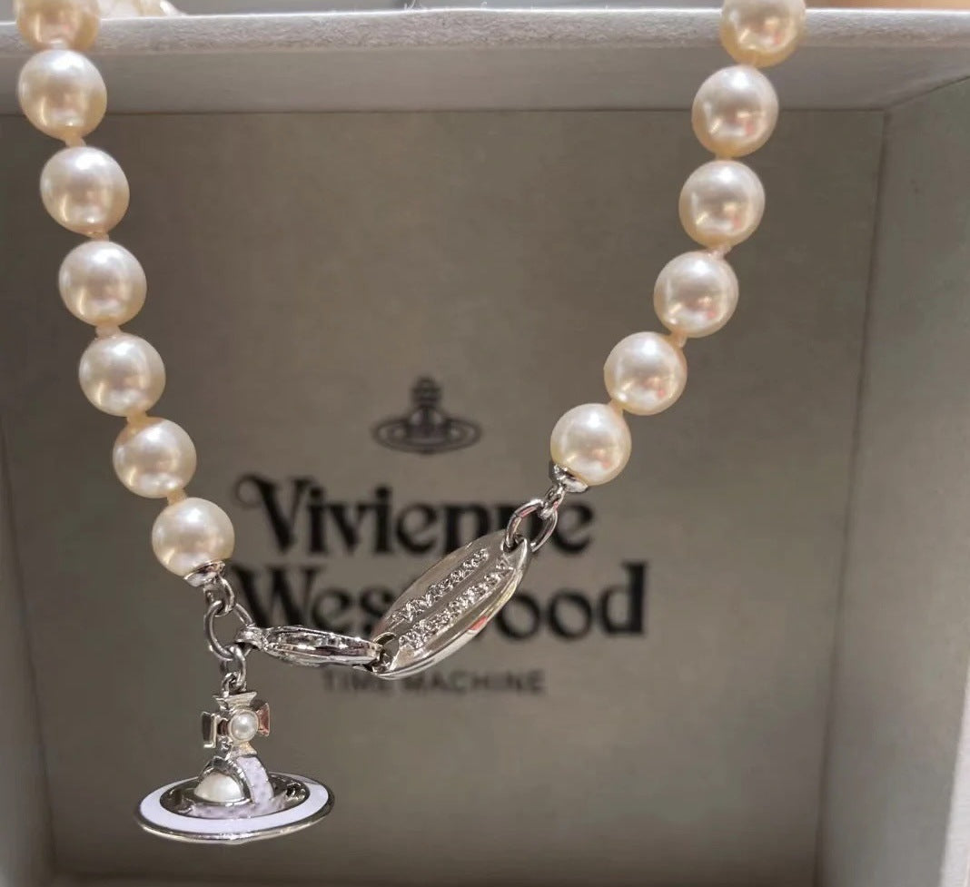 Vivienne Westwood Enamel Saturn Pearl Necklace - Original Replica Club