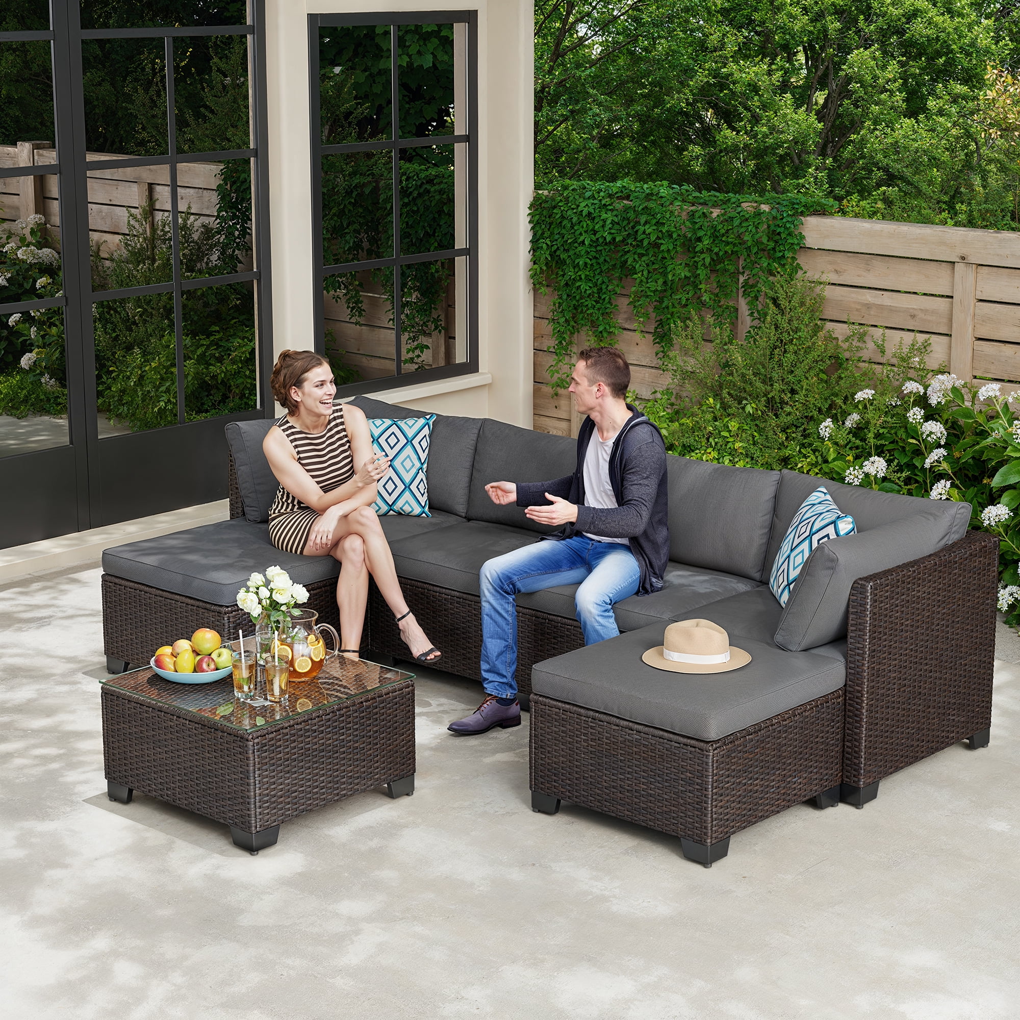 Aiho 7-Piece Rattan Patio Furniture Set , Outdoor Sectional Furniture Set for Patio, Garden, Backyard, Grey - Image 35