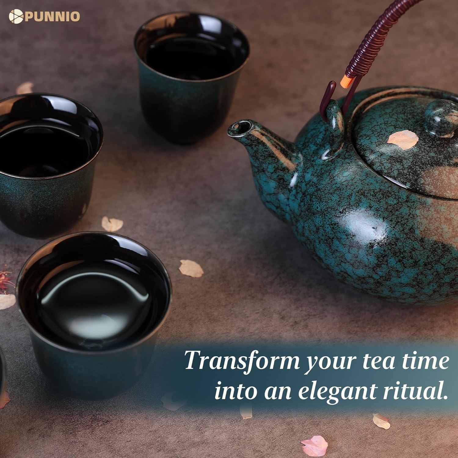 Japanese Tea Set, Japanese Style Porcelain Tea Sets for Adult, 1 Ceramic Tea Pot with Handle & 1 Stainless Steel Tea Filter & 6 Tea Cups (Fambe Blue)