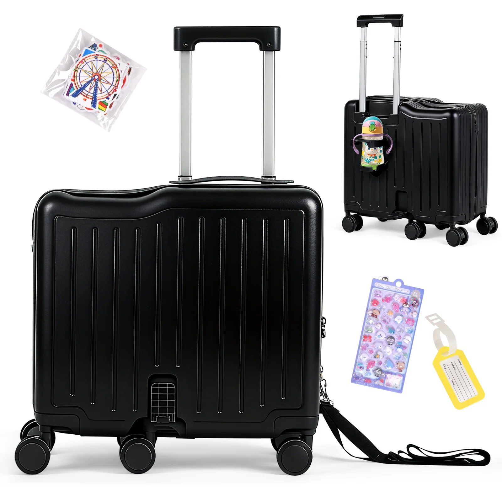 Advwin Ride-On Kids Luggage with Pull Strap, Footrests, Cup Holder, 6 Wheels & Adjustable Handle, 18-Inch Spinner Suitcase with Stickers & Boarding Pass, Pink - Image 18