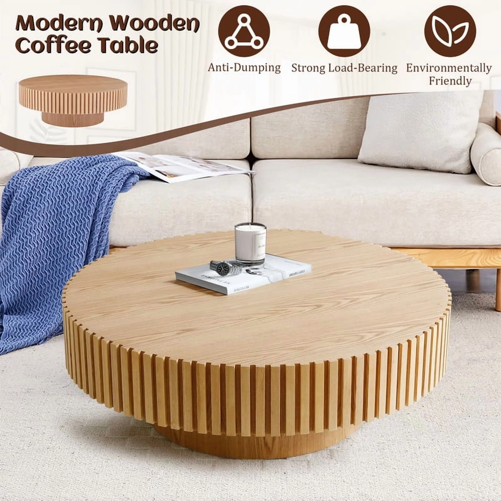 FFH 43.7 inch Oval Coffee Table for Living Room,Handcraft Rustic Corner Coffee Table Nature Wood Relief Sturdy Pedestal for Apartmen,Side Table Centre Table,Nature Wood - Image 40