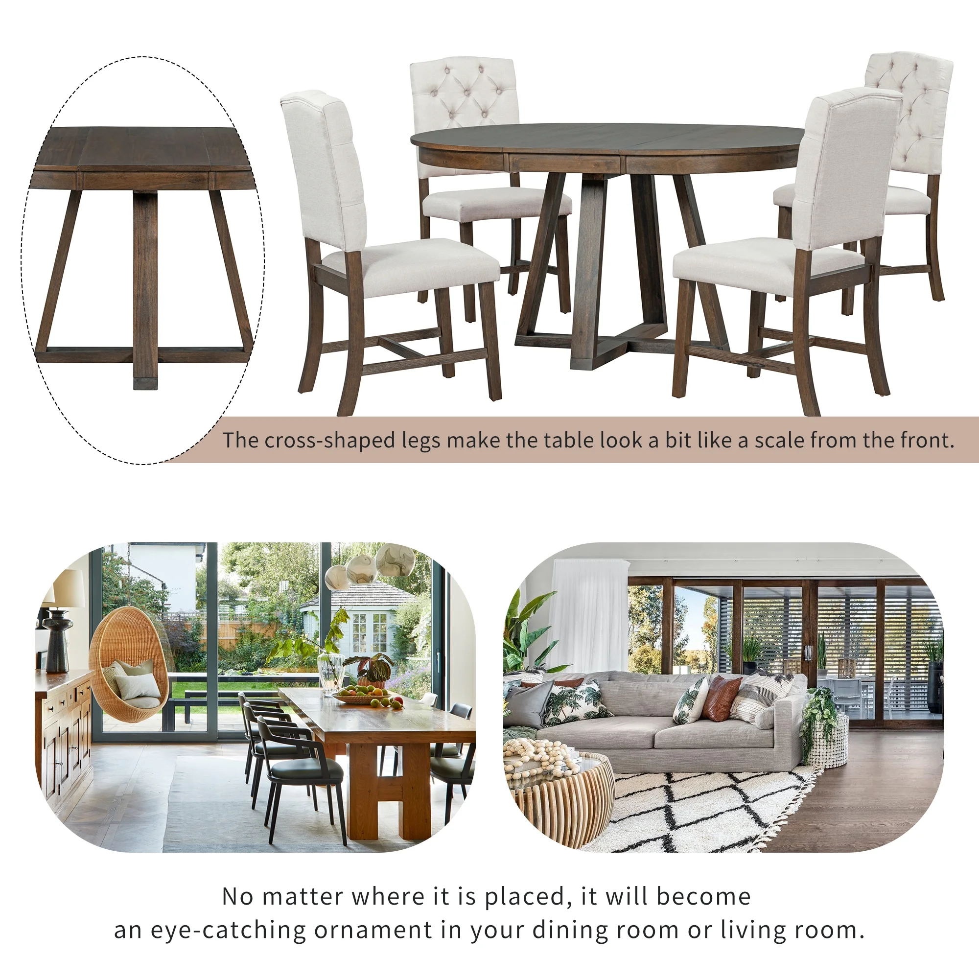 5 Piece Round Dining Table Set, Dining Room Set with Extendable Table and 4 Upholstered Chairs, Wood Dining Table Set for 4, Farmhouse Dining Table Set for Kitchen Dining Room Dorm Apartment, Brown - Image 19