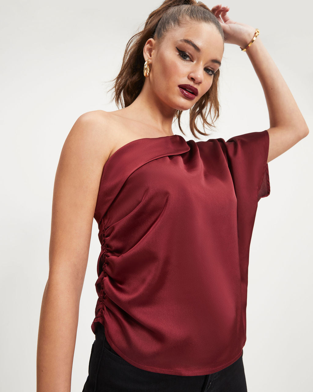 Sylvia Satin One Shoulder Top - Wine - Se7enfashion
