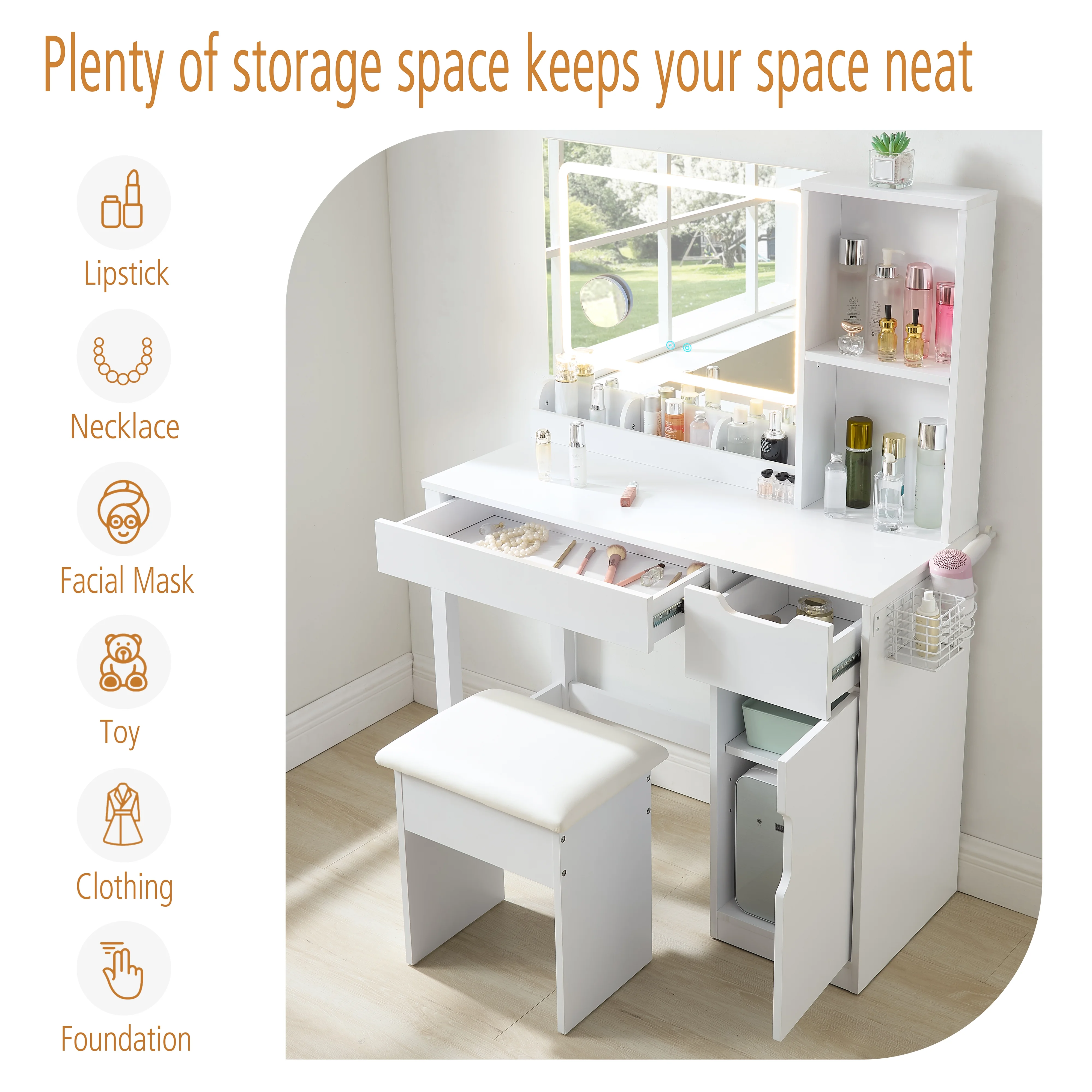 Mainstays Get Ready with Me GRWM Deluxe 2-Piece Vanity and Stool with Lighted Mirror and USB Power, White Finish - Image 7