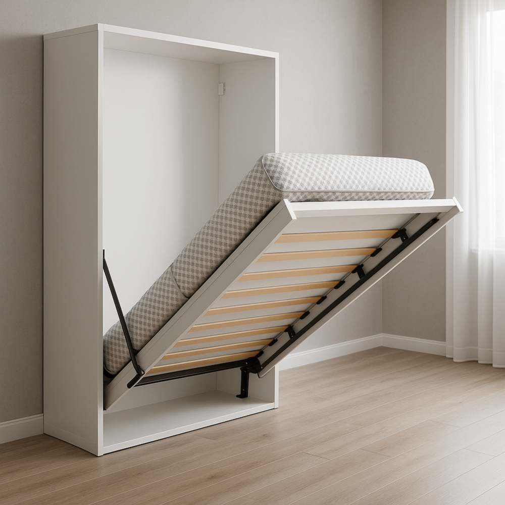 Cama abatible individual 190×90 cm blanca/gris con mecanismo robusto, sin colchón ni almohadas