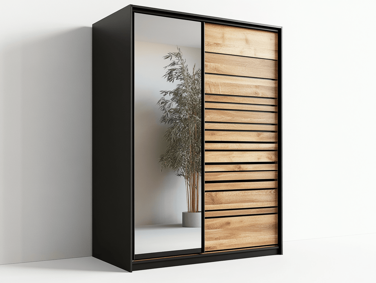 Armario moderno con puertas correderas espejo y acabado en listones de roble natural