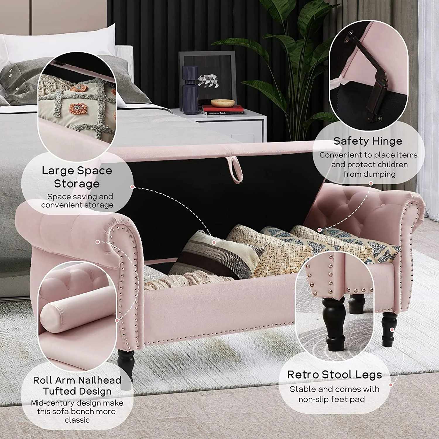 Sumdeal 43.5" Storage Ottoman Bench with 250lb Seating, Linen Upholstered Wood Legs Safety Hinge Flip Top Oval Foot Rest Long Stool for Sofa Couch Bedroom End of Bed Living Room Entryway, White - Image 81