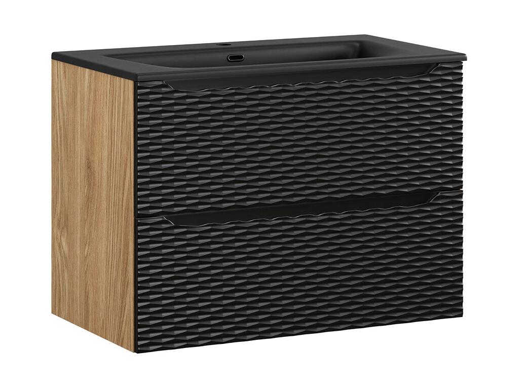 Conjunto de muebles con lavabo individual encastrado 80cm y columna Elora Negro y madera
