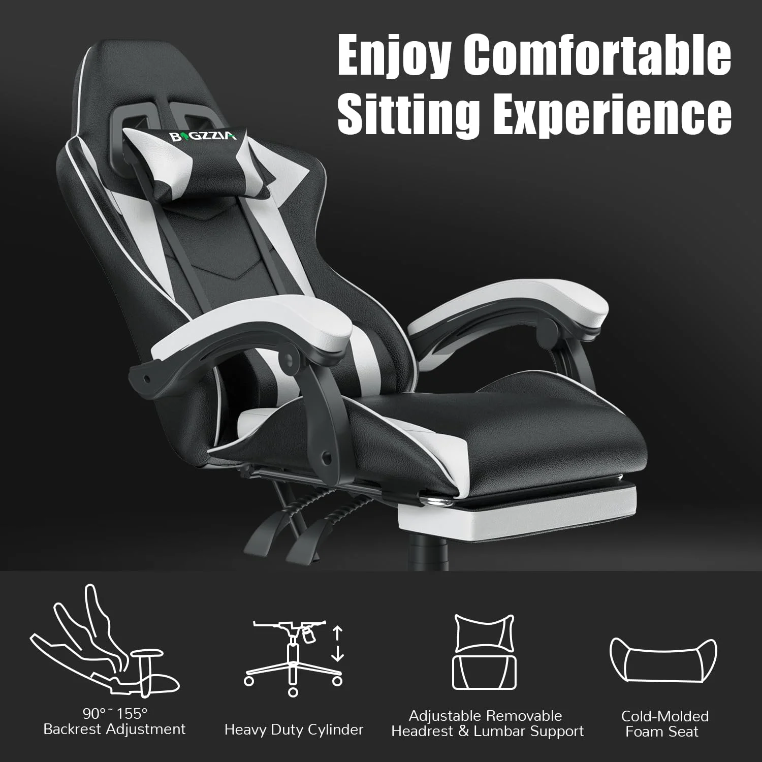 Bigzzia Gaming Chair Office Chair, Ergonomic Game Chair with Height Adjustable Headrest and Lumbar Support for Adults Teens, Black & White - Image 25