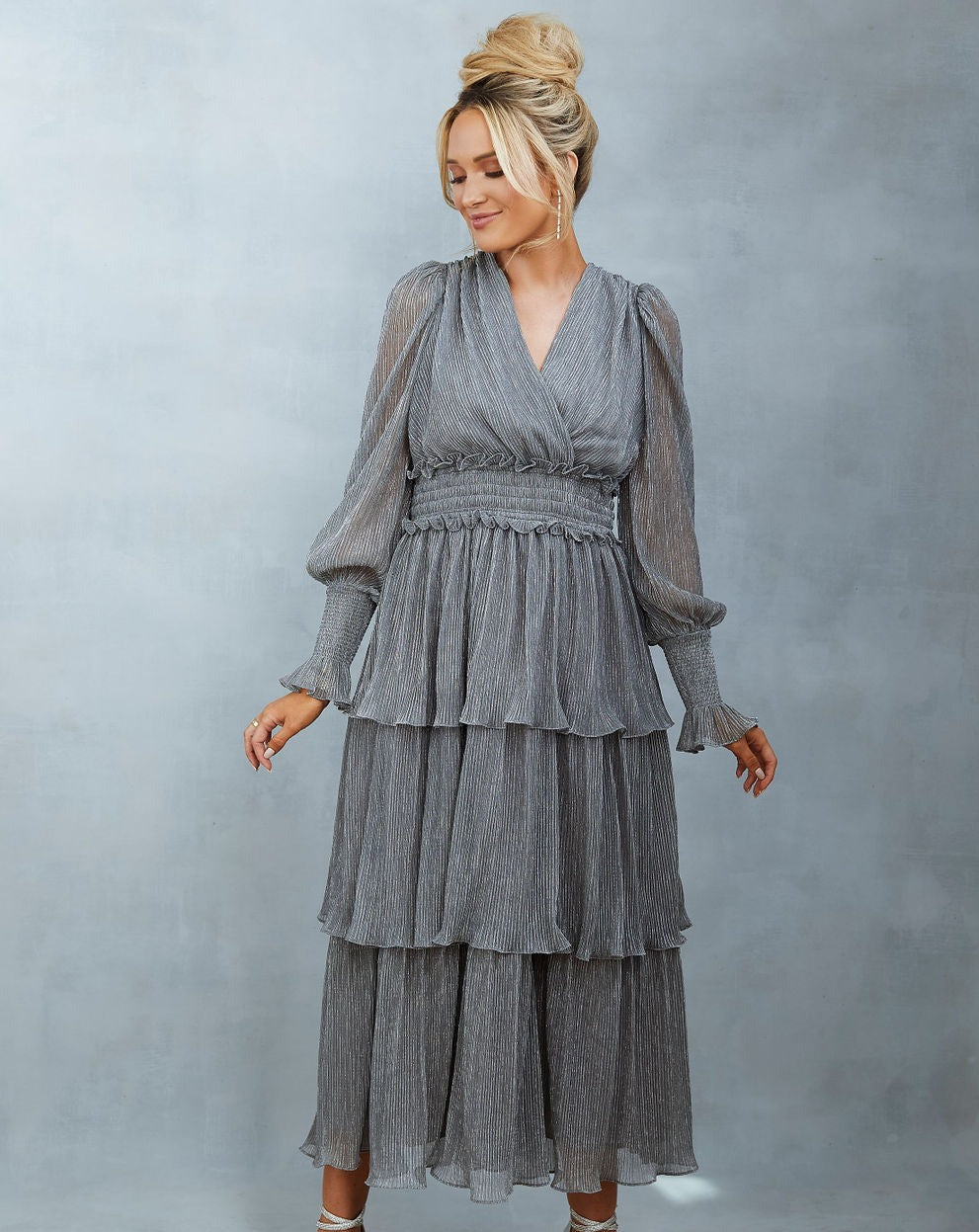 Meghan Metallic Tiered Maxi Dress - Silver - Se7enfashion