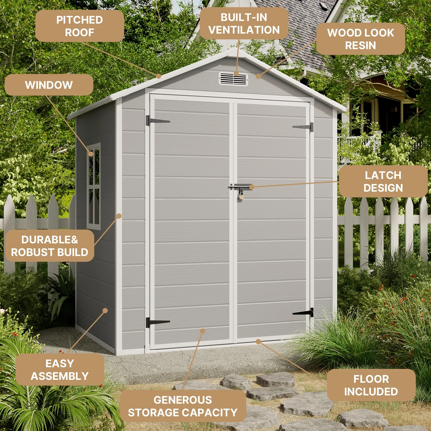 6x4 FT Resin Storage Shed, Lofka Plastic Outdoor Shed with Heavy Duty Floors, 135.6 cu ft, Colorfast, Side Window, Double Lockable Doors for Garden Backyard