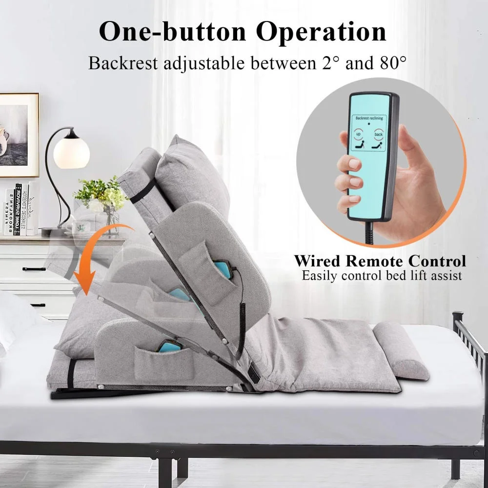 Electric Lifting Backrest for Bed, Folding Adjustable Multi-Function Neck Head and Lumbar Back Support for Elder, Electric Lifting Backrest Pillow with Electric Pump System (Gray with Armrest) - Image 9