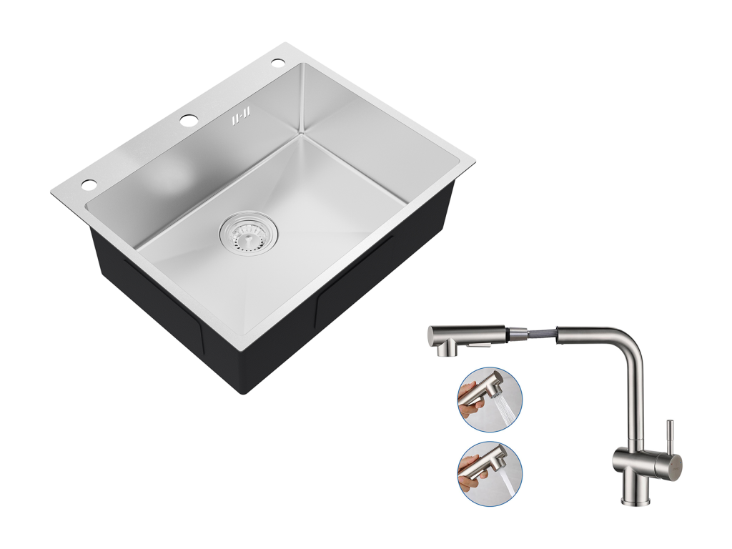 Auralummax Fregadero Cocina empotrado,1 Bandeja,60*49*20CM, Fregadero de acero inoxidable 304,Silver+Gripo Cocina Extragible,Dos Jets,Giratorios 360°