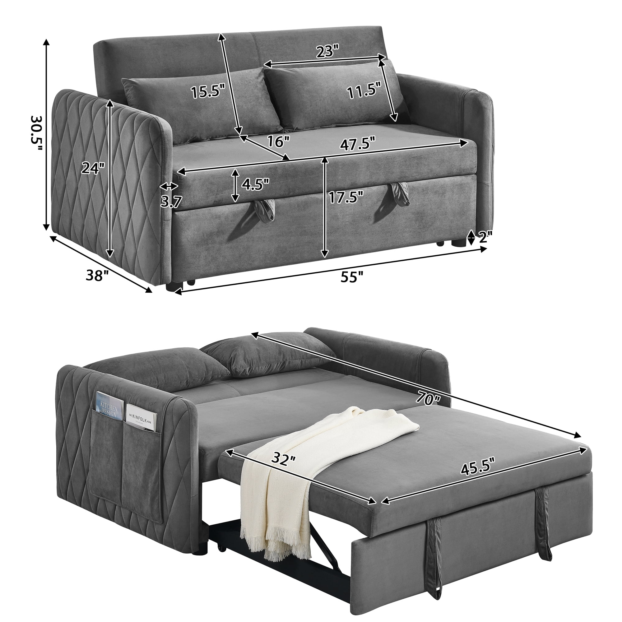Convertible Sofa Bed,3 in 1 Sleeper Sofa with 2 Pillows and Adjustable Backrest for Living Room Office,Black - Image 21