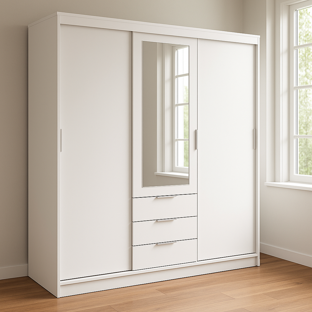 Armario ropero con espejo y puertas correderas 200x180x60 cm blanco MDF