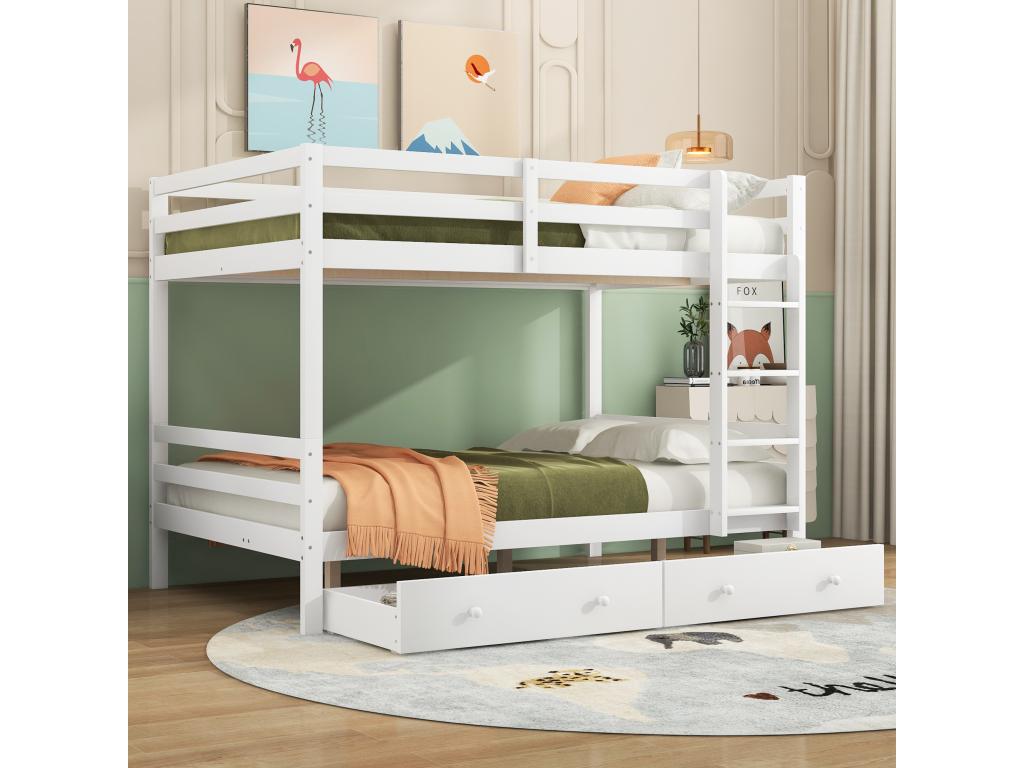 Litera 140x200cm, cama infantil con 2 cajones, escalera, barandillas altas, blanco