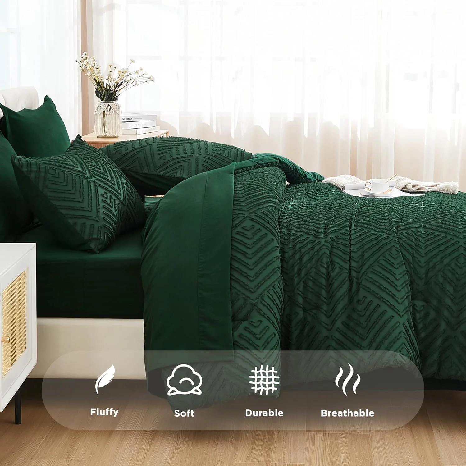 Queen Comforter Set 7 Piece Dark Emerald Green - Bed in a Bag Queen Boho Lightweight Fluffy Tufted Bedding Sets with Comforter, Sheets, Pillowcases & Shams - Image 12