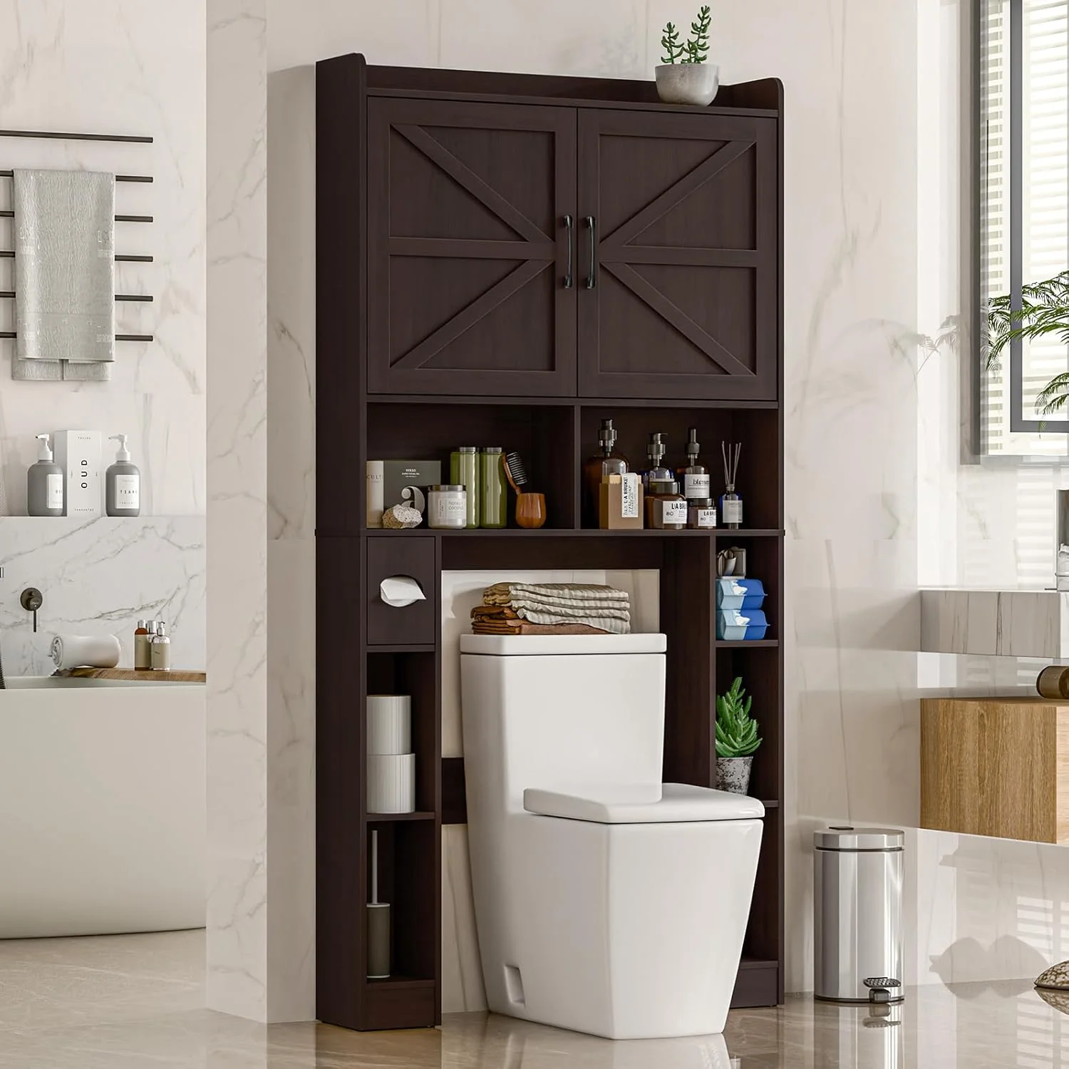 Vabches Over The Toilet Storage Cabinet with Toilet Paper Holder Stand, Above Toilet with Adjustable Shelf & 2 Doors - Image 21