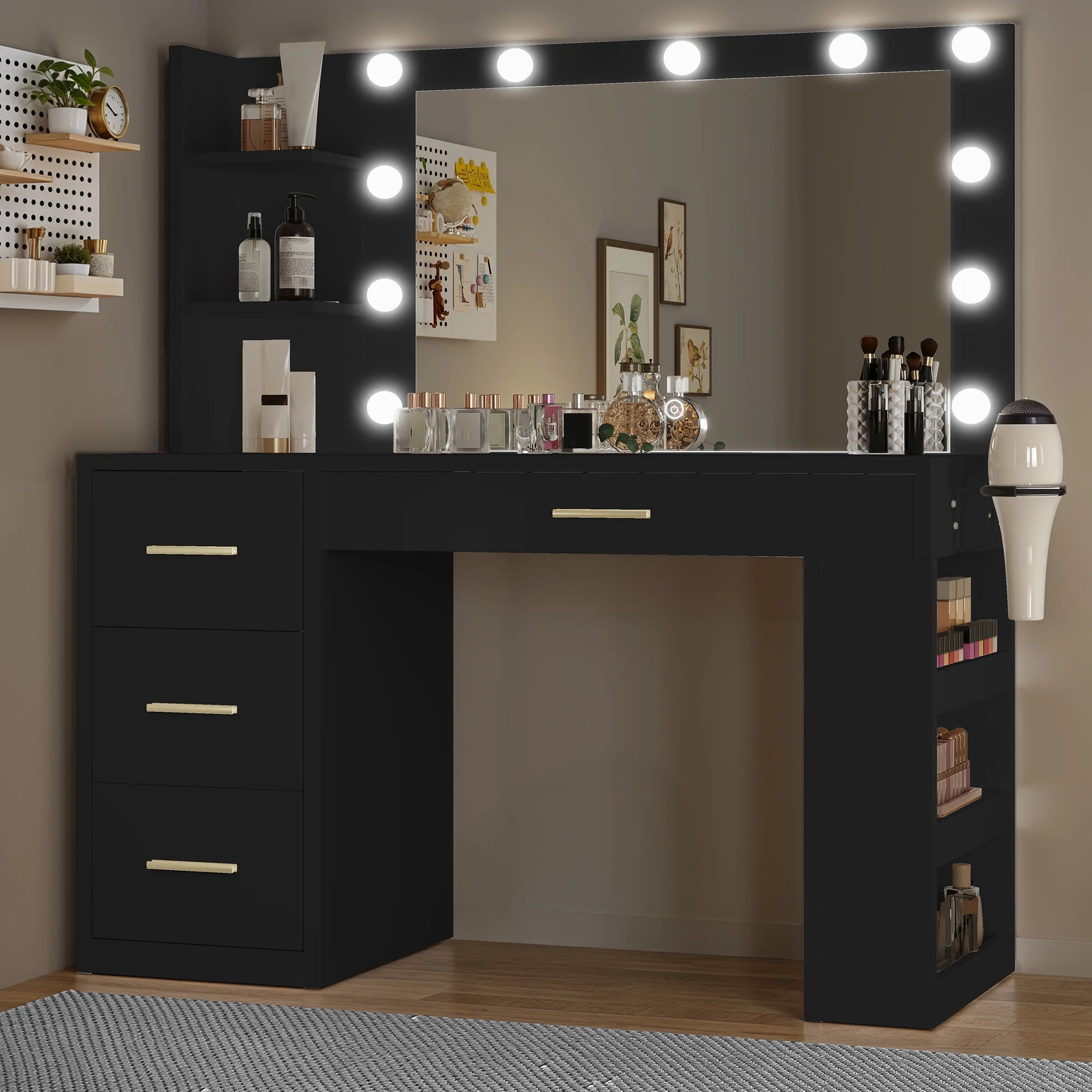 Uforic Makeup Vanity Desk with Mirror & Lights, Vanity Desk with 4 Drawers & Storage Shelves - White - Image 12