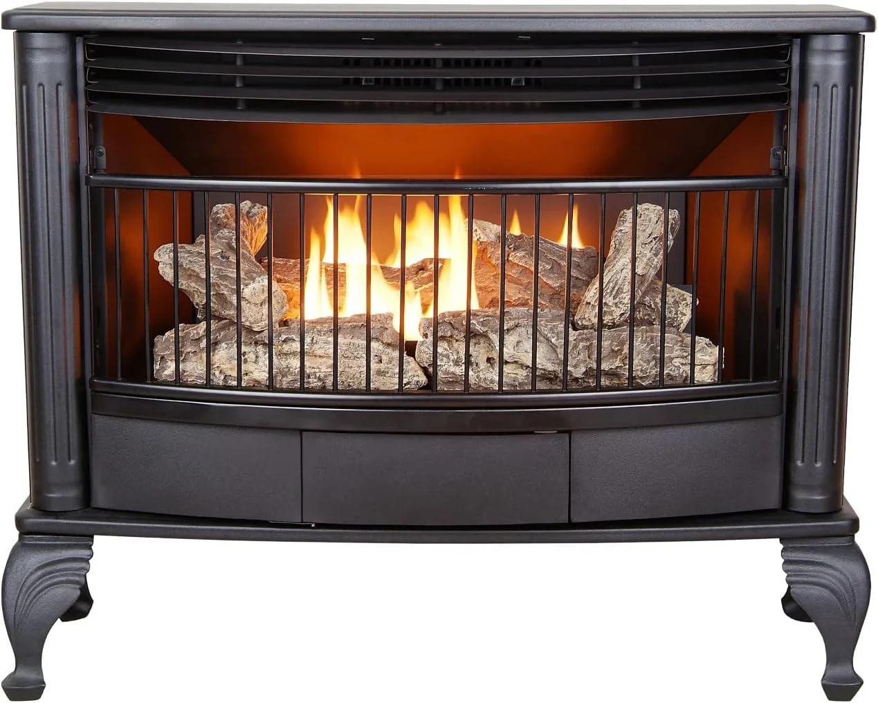 Vent-free 25000 BTU space-saving freestanding dual-fuel fireplace with thermostat control