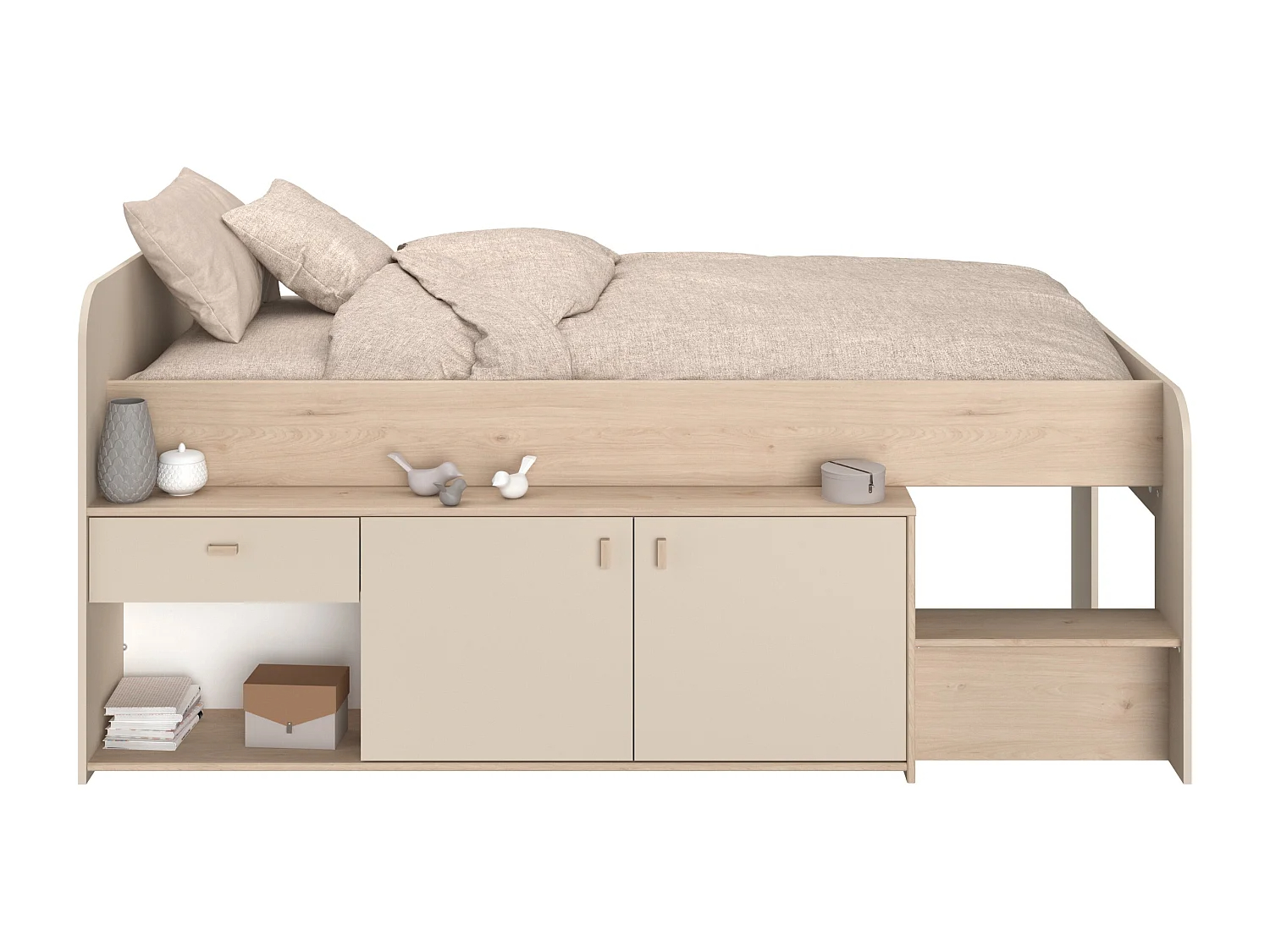Cama semielevada 90 x 190/200 cm con almacenamiento - Beige y natural + Somier + Colchón - LUNOBI