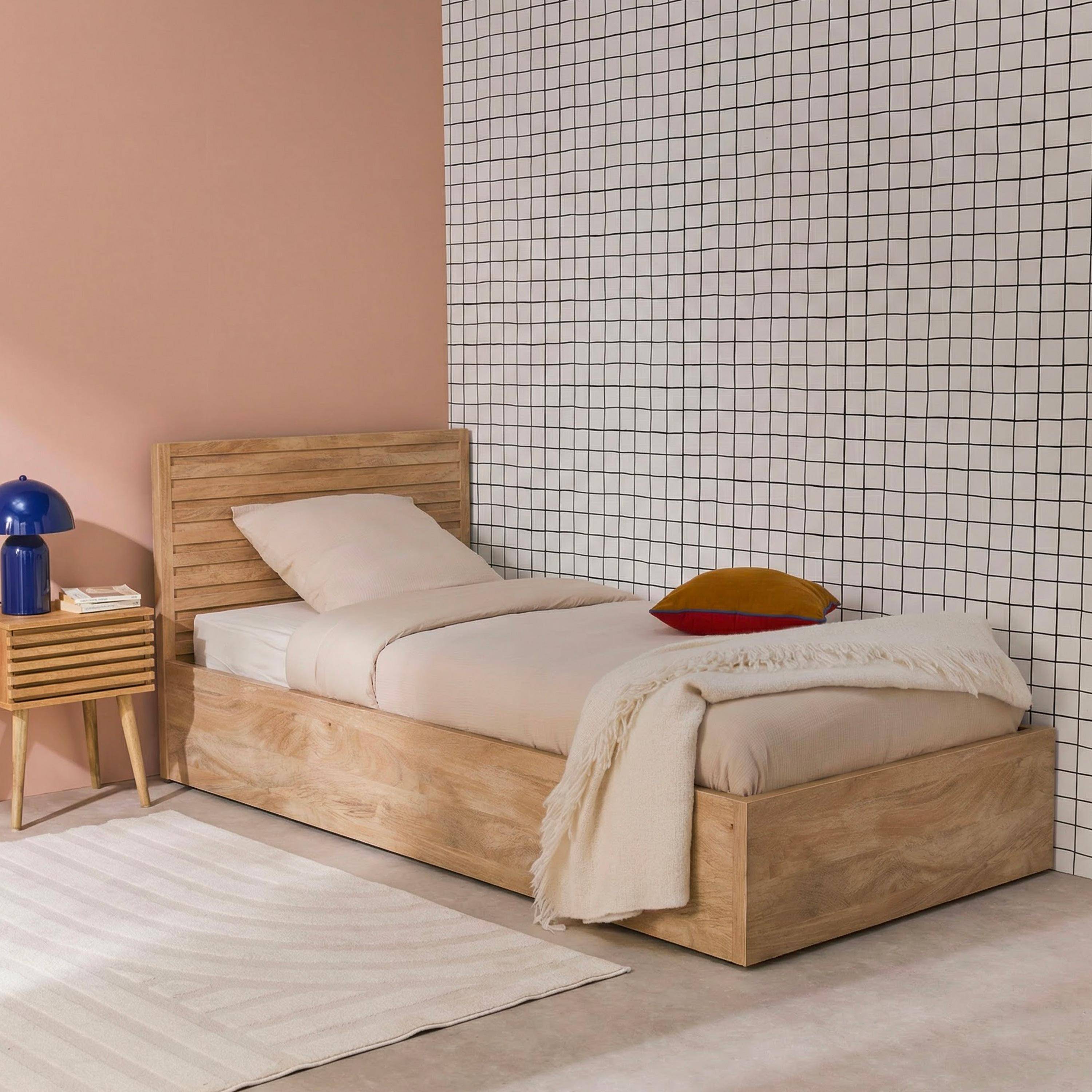 Madere - Cama con cajón, somier de láminas y cabecero 90x190cm decorado en madera