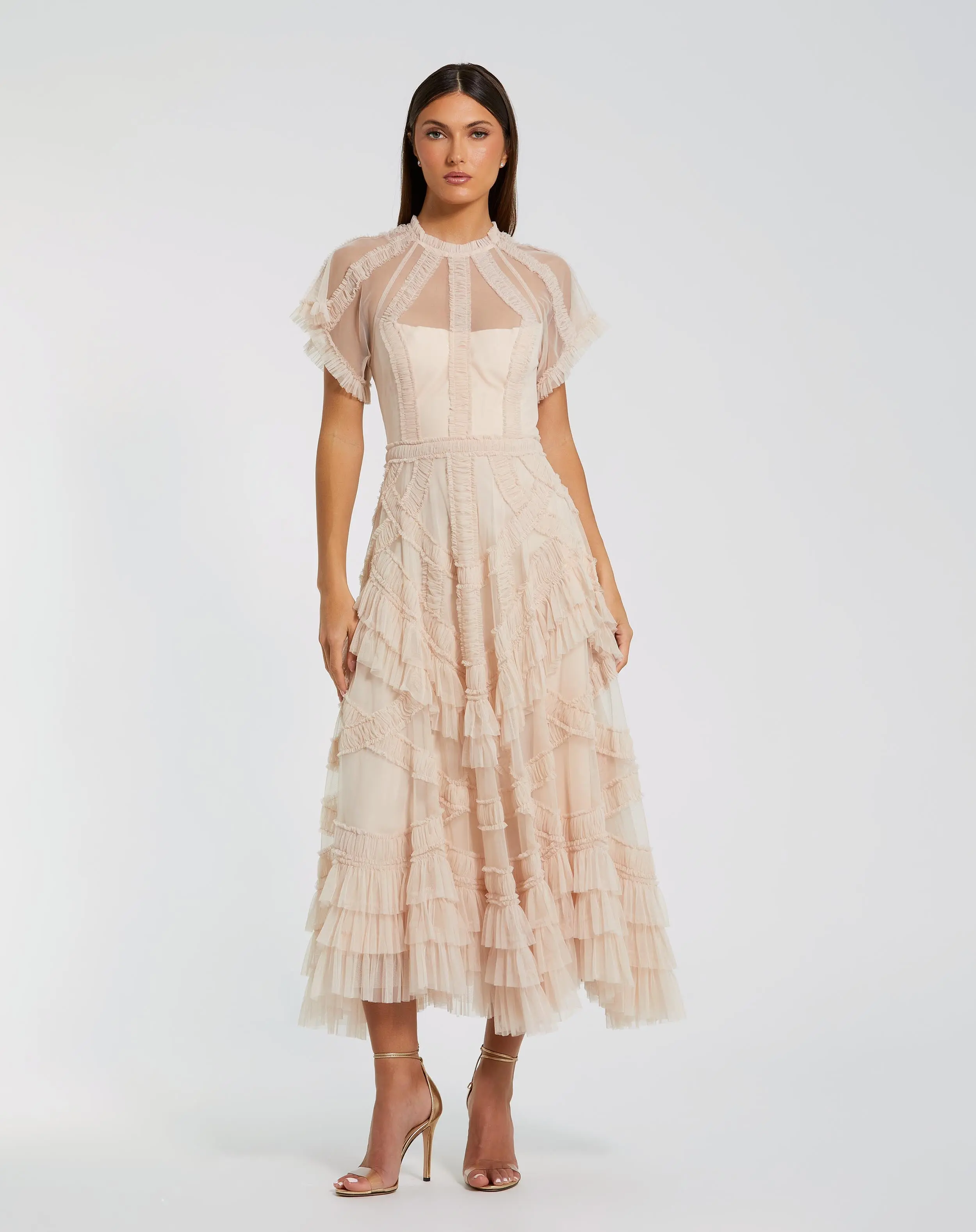 Pink Flutter Sleeve Micro Ruffle Midi Dress - Special Events Unlimited