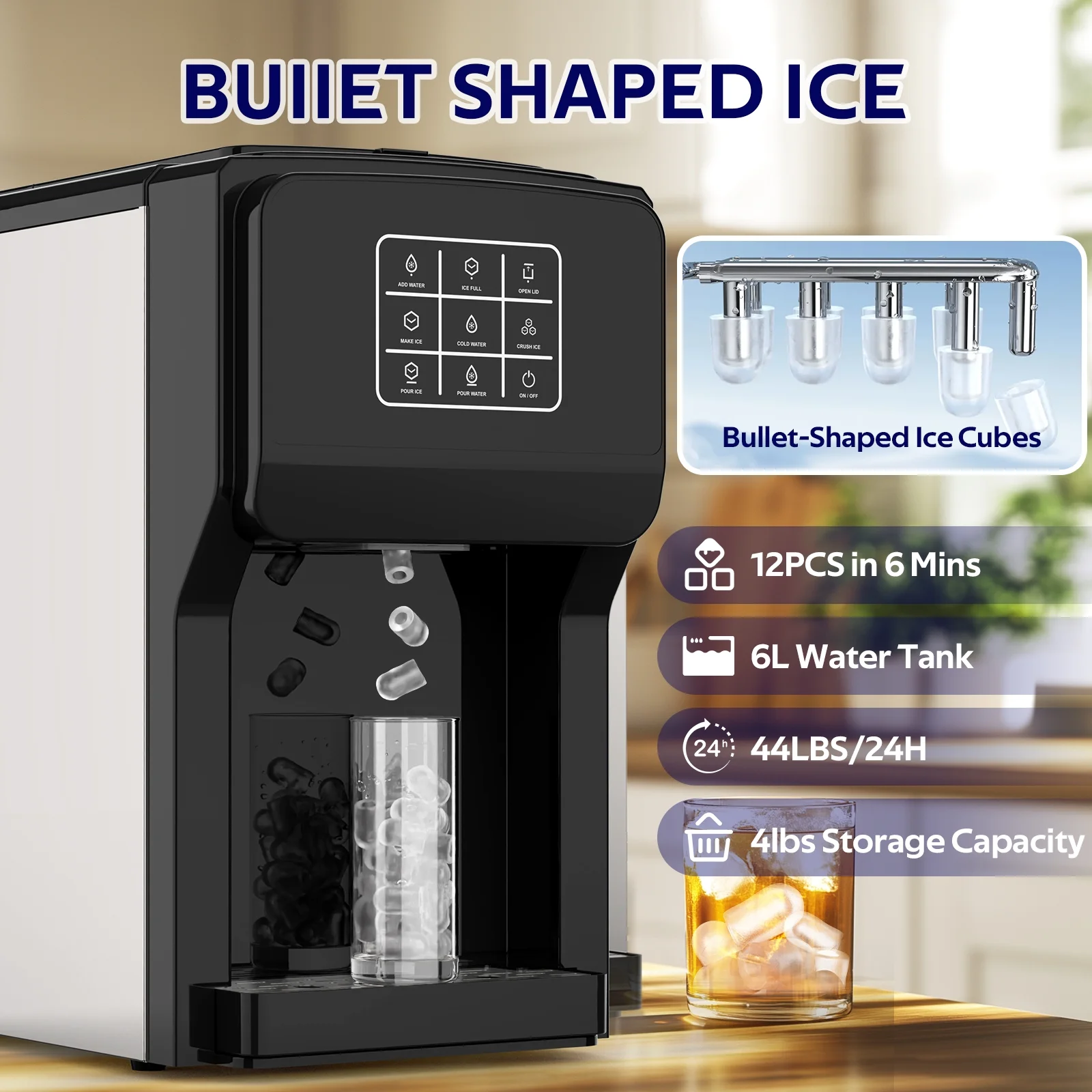 Advwin 3 in 1 Water Dispenser with Ice Maker Countertop, Bullet Ice, Crushed Ice, Water Cooler, 44Lbs/24H, 12 Ice Cube/6Min, Self-cleaning, 4Lbs Ice Storage, Home, Kitchen, Party, RV - Image 11
