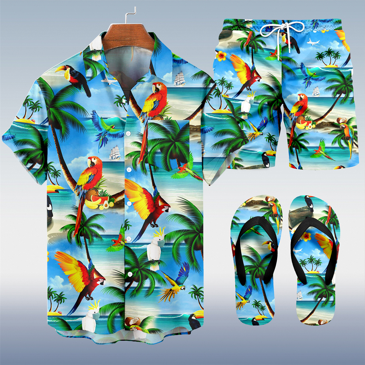 Suitmens Men's Tiki Party Hawaiian Vacation Print Three-Piece Set 030