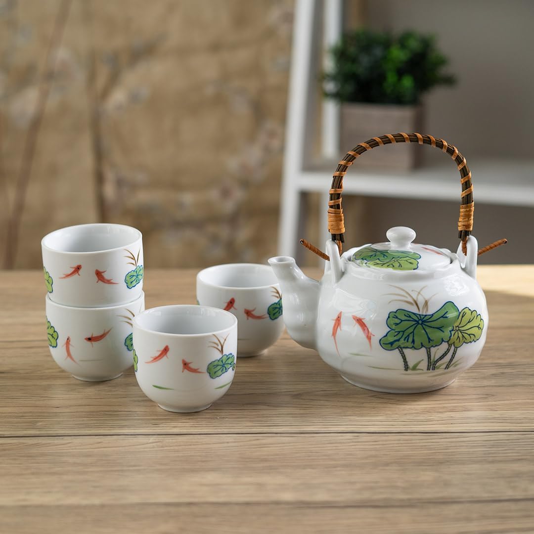 Japanese Style Porcelain Tea Set, 22 fl oz Teapot with 4 Cups, Koi Fish and Lotus Leaf Design, White, Top Pour Bamboo Handle