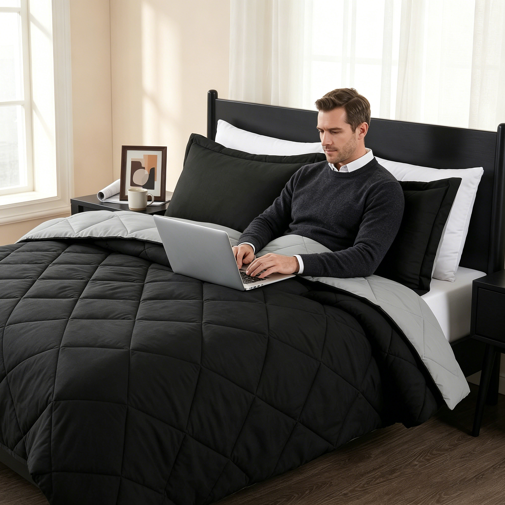 4PCS Comforter Set Reversible 2-Tone Diamond Quilted Bedding Soft Polyester Down Alternative Bed Set