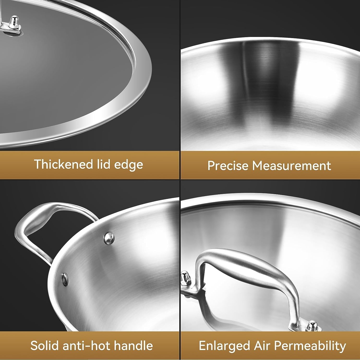 LOLYKITCH 11 Inch Tri-Ply Stainless Steel Wok Pan with Lid,Deep Frying Pan,Jumbo Cooker,Induction Wok,Suit for All Stoves,Dishwasher and Oven Safe.