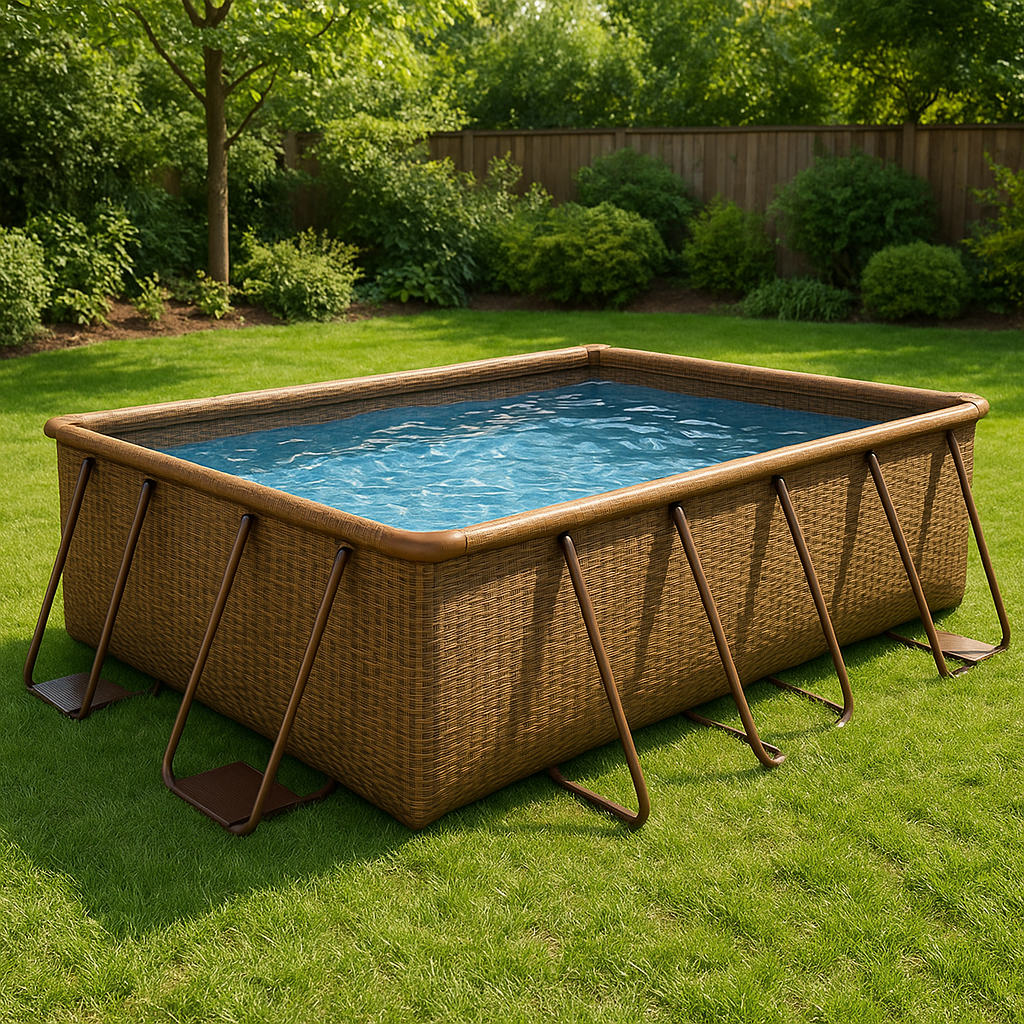 piscina tubular rectangular, piscina desmontable rectangular marrón mimbre, marrón, metal y PVC, jardín y exteriores, 732x366x132 cm