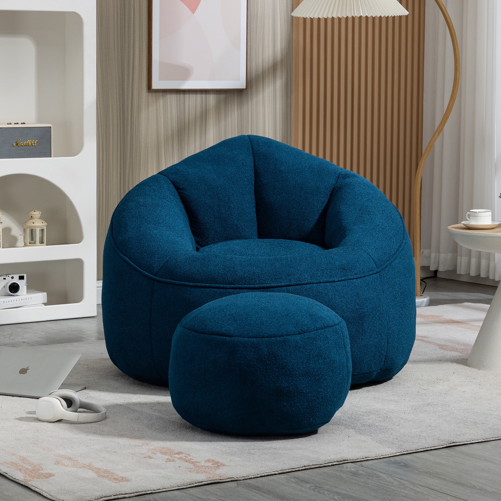 MOONMISS Microfiber Upholstered High Pressure Foam Round Lazy Bean Bag Sofa Chair with Ottoman-Gray - Image 34