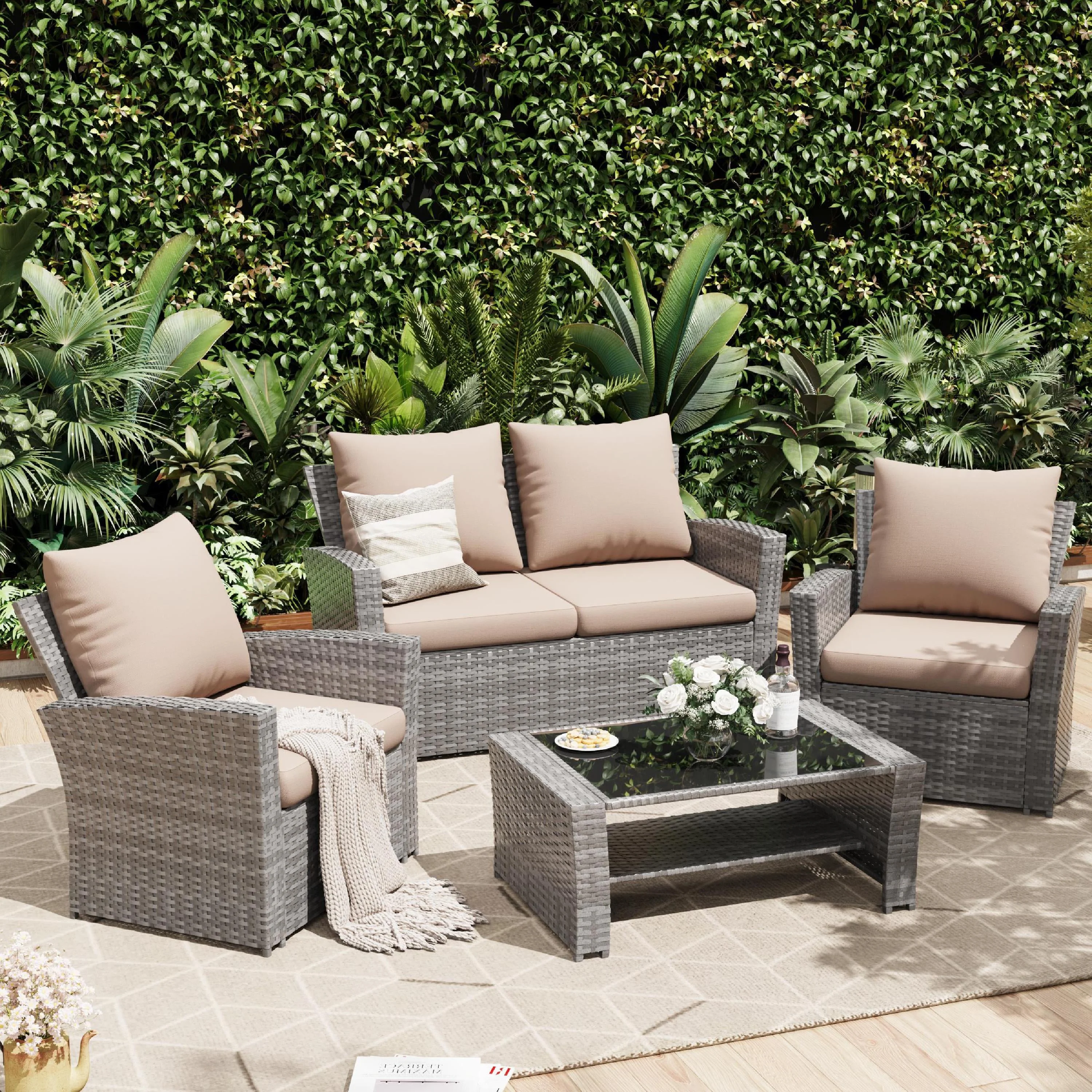 UDPATIO Wicker Patio Furniture Set, 4 Piece Outdoor Sectional Conversation Sets, Gray PE Rattan Patio Sofa Set for Balcony, Porch, Backyard, Grey - Image 18