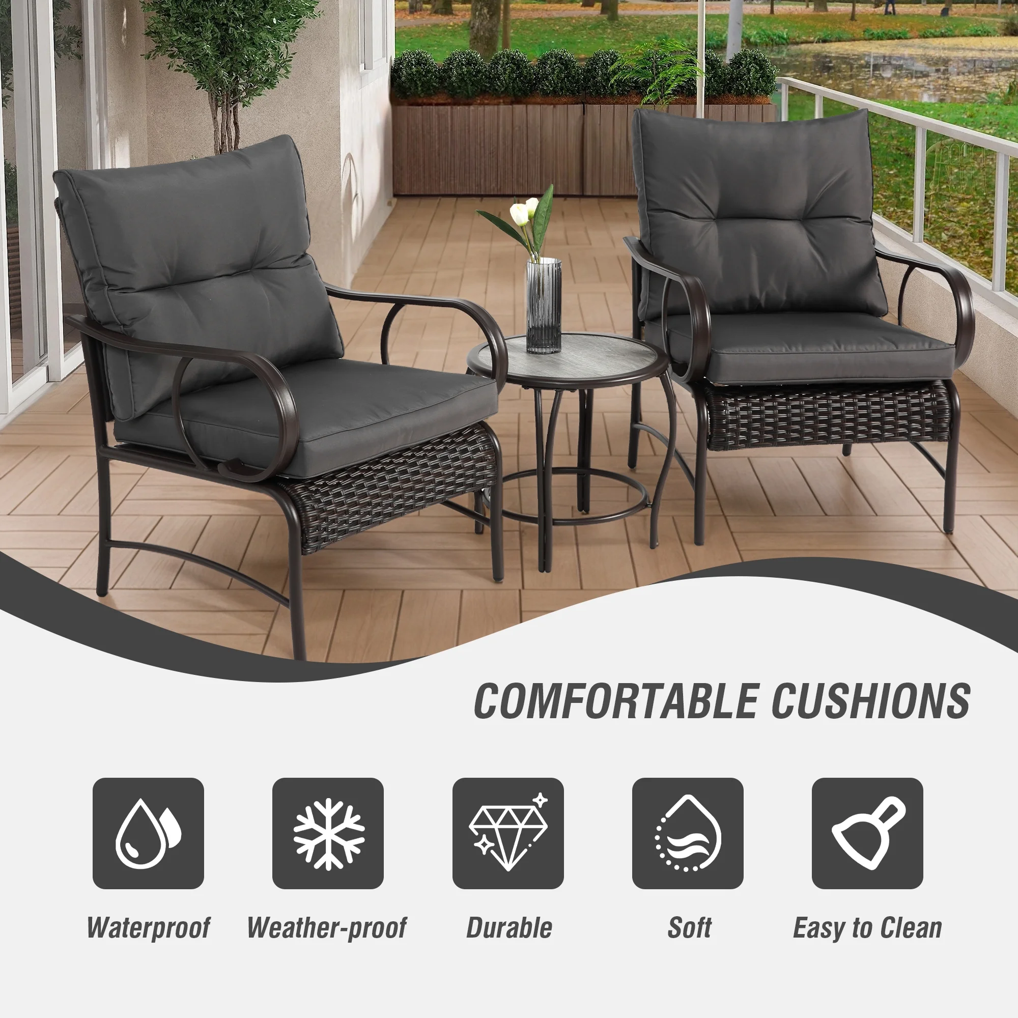 Villeston 3 Piece Outdoor Wicker Conversation Patio Set, with 2 Chairs, Table for Porch Garden,Blue - Image 12
