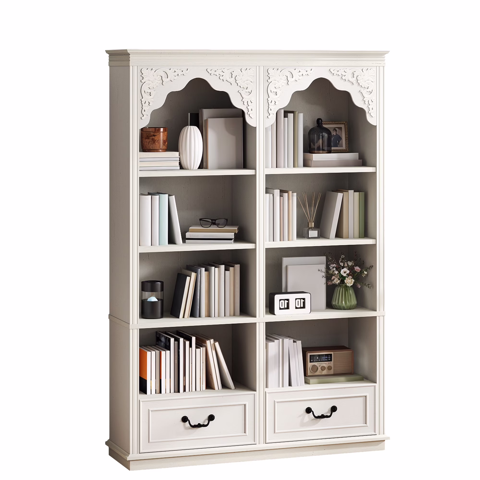 ModFusion 70" Distressed White Bookshelf with Adjustable Shelves and Two Drawers