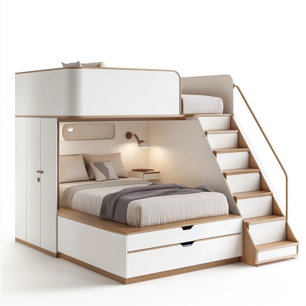 Cama litera con escritorio integrada para dormitorio infantil madera blanca/gris 90x200 cm