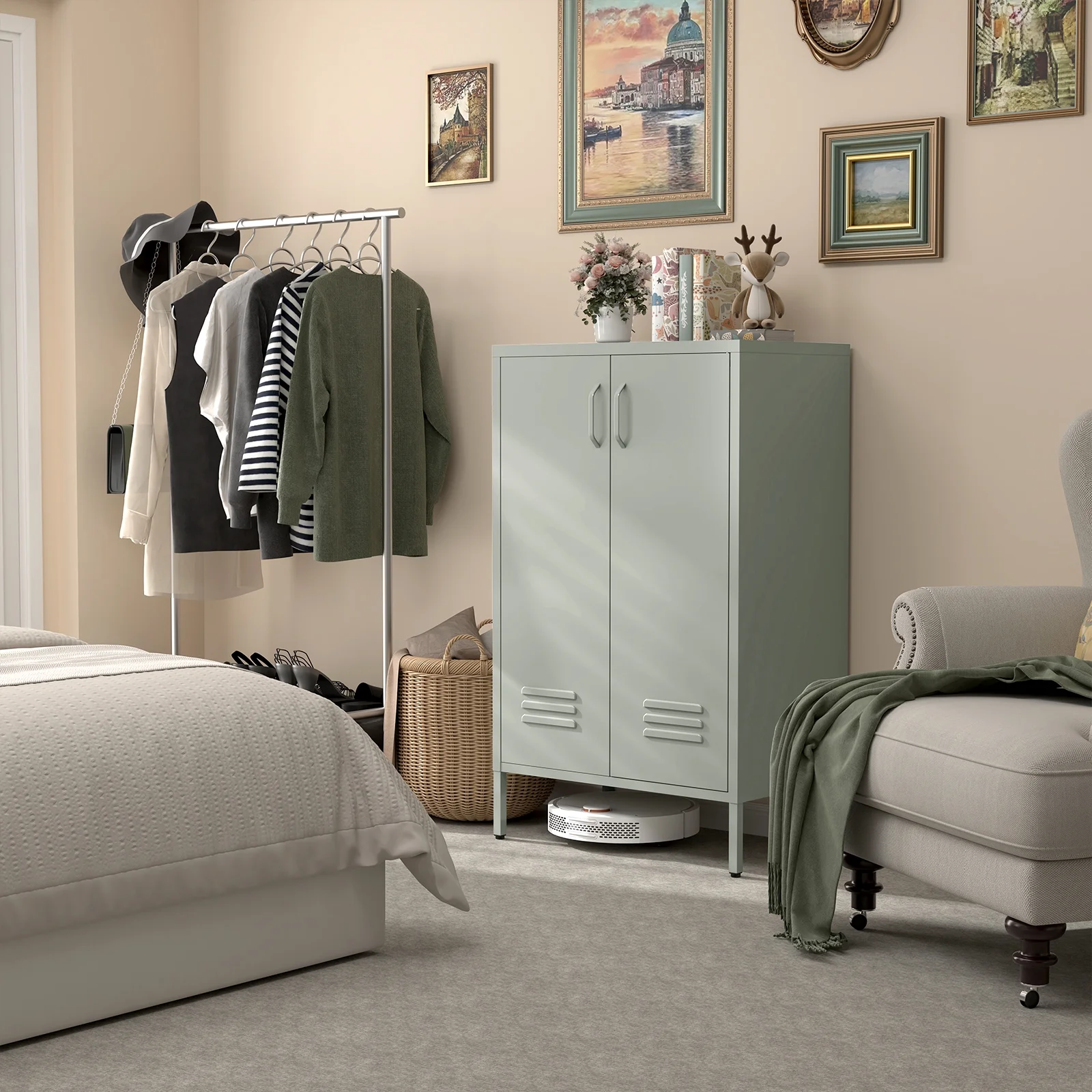 Marcree Green Metal Cabinet,2 Door Accent Cabinet,Metal Locker Cabinet with Legs,Sideboard Cabinet with Adjustable Shelves,Locker Storage Cabinet for Living Room,Entryway - Image 12