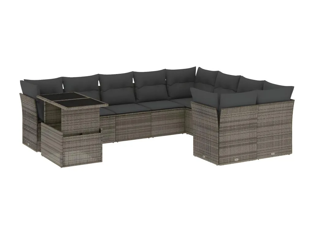 Set de sofás de jardín 10 piezas con cojines ratán sintético gris