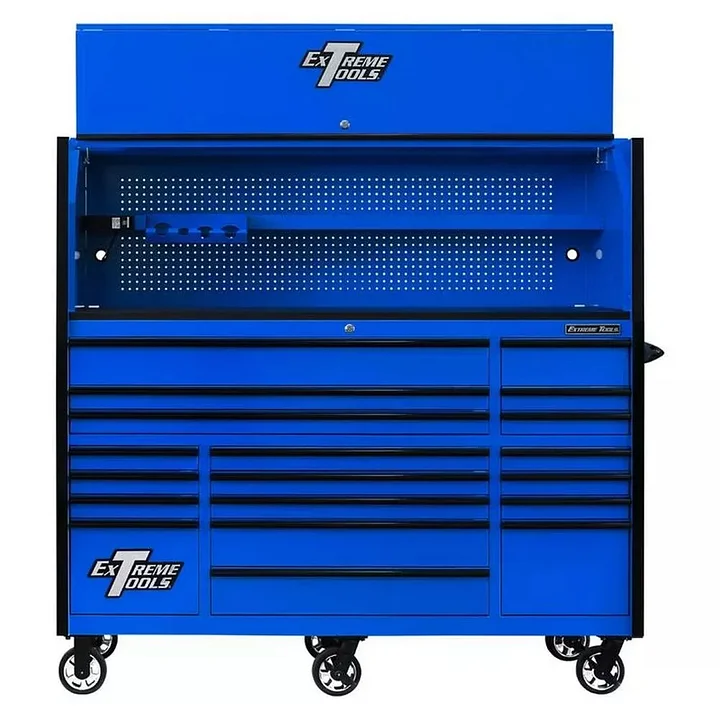 EXTREME TOOLS 72" RX SERIES 19-DRAWER 30" DEEP ROLLER CABINET W/HUTCH - BLUE W/BLACK DRAWER PULLS