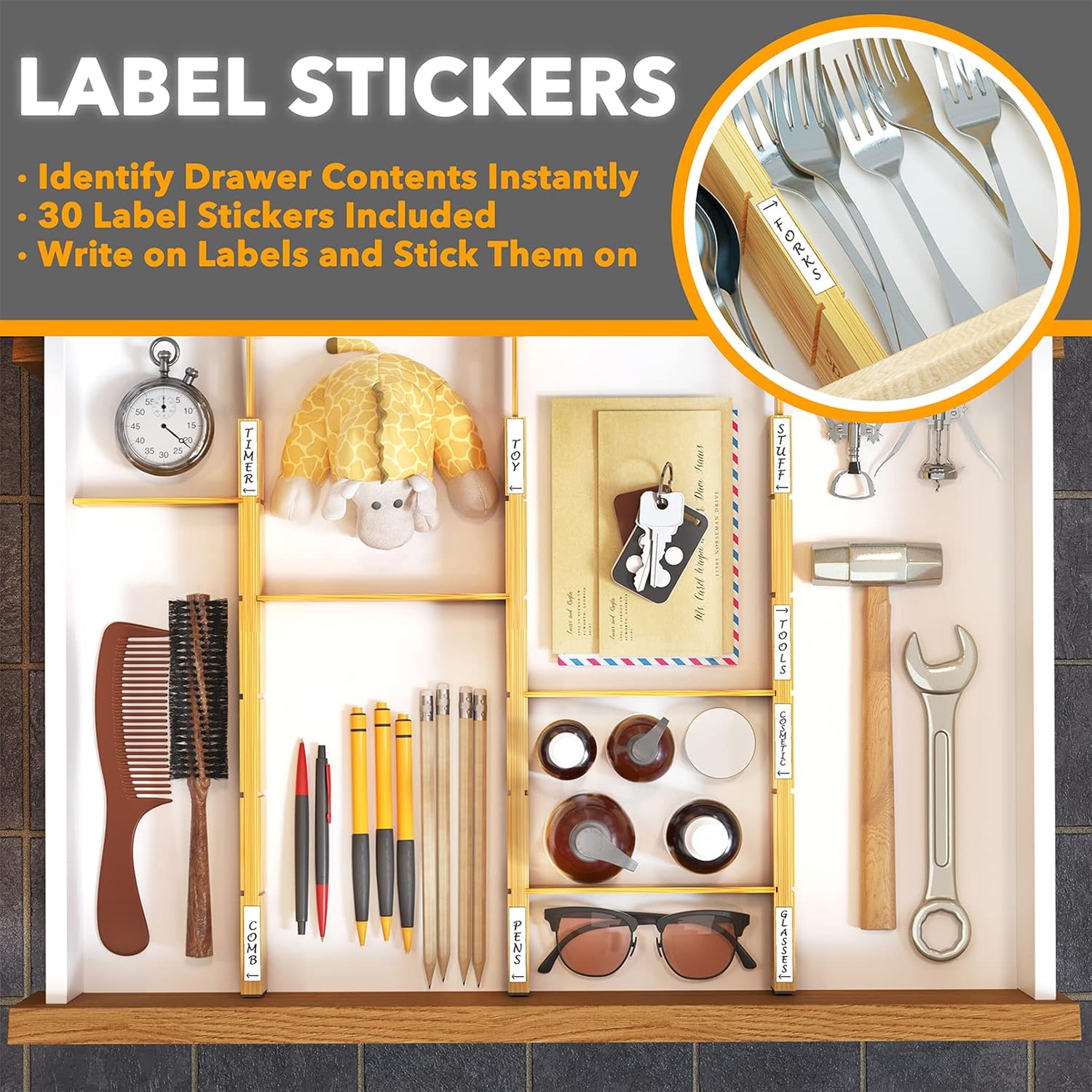 SpaceAid Bamboo Drawer Dividers with Inserts and Labels, Kitchen Adjustable Drawer Organizers, Expandable Organization for Home, Office, Dressers, 4 Dividers with 9 Inserts (17
