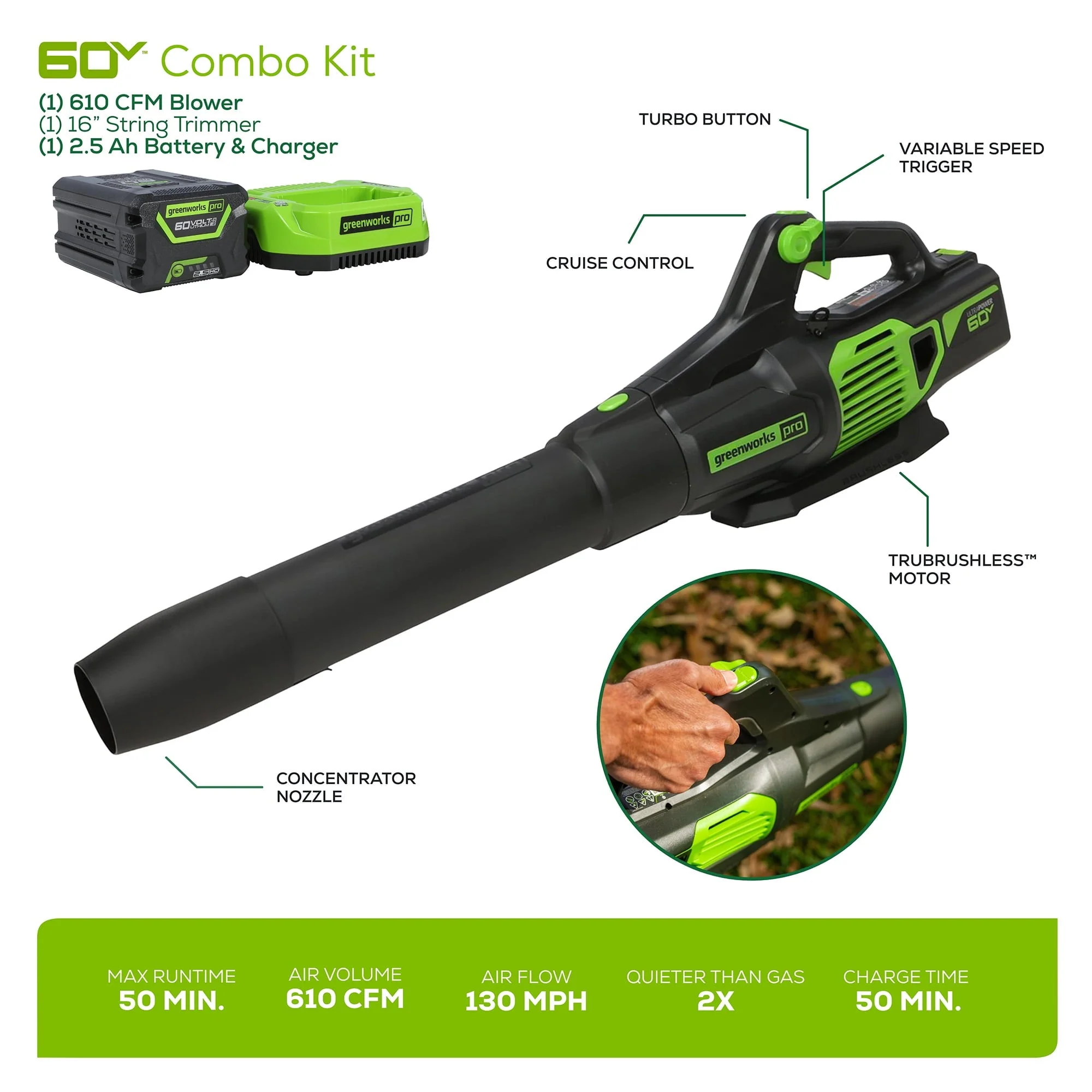 Greenworks 60V Cordless 13" String Trimmer and 125 MPH 450 CFM Leaf Blower Combo Kit, 4Ah Battery & Charger - Image 3