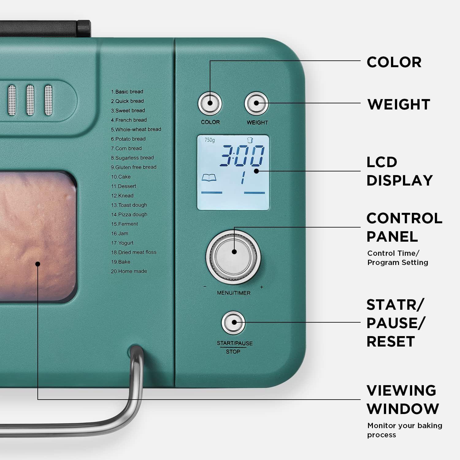 Neretva Bread Maker, 20-IN-1 2LB Bread Machine Dual Heater Bread Maker Machine Automatic with Nonstick Ceramic Pan, 15H Timer & 1H Keep Warm Set, Low Noise, Stainless Steel Breadmaker Recipe-Green
